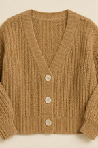 Cárdigan Lucía camel Valorenne — detalle del escote y los tres botones