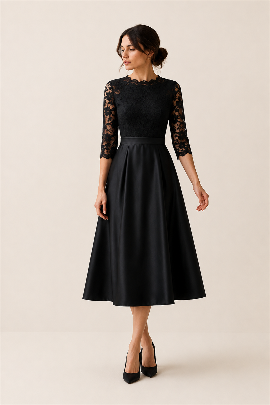 Vestido midi de encaje negro Valorenne — vista frontal