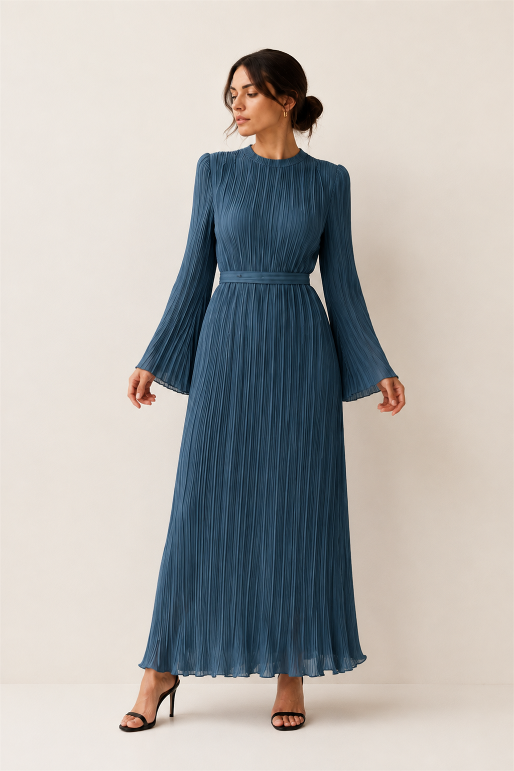 Vestido plisado azul mar Valorenne — vista frontal