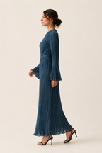 Vestido plisado azul mar Valorenne — vista lateral