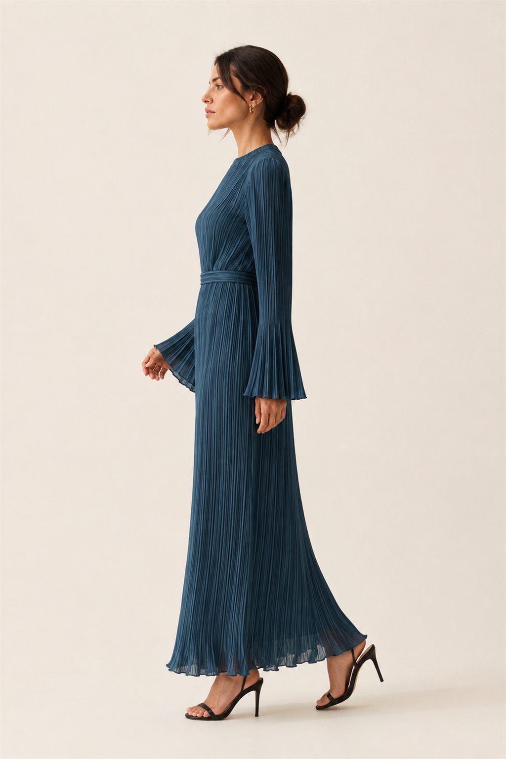 Vestido plisado azul mar Valorenne — vista lateral