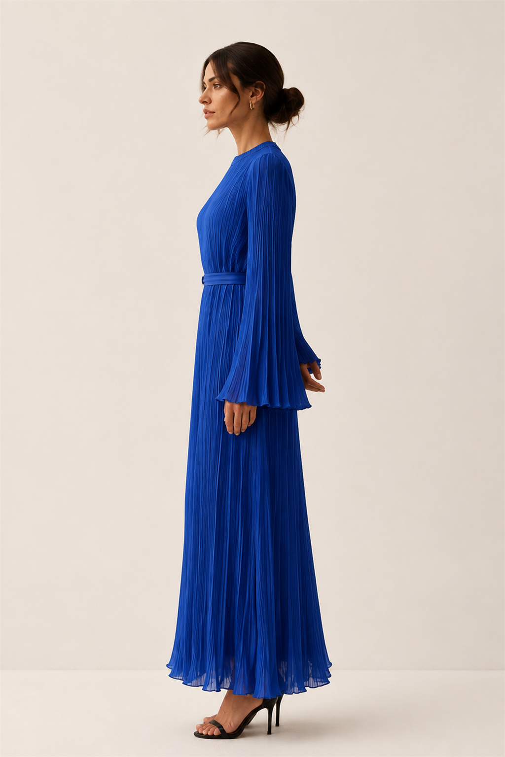 Vestido plisado azul real Valorenne — vista lateral