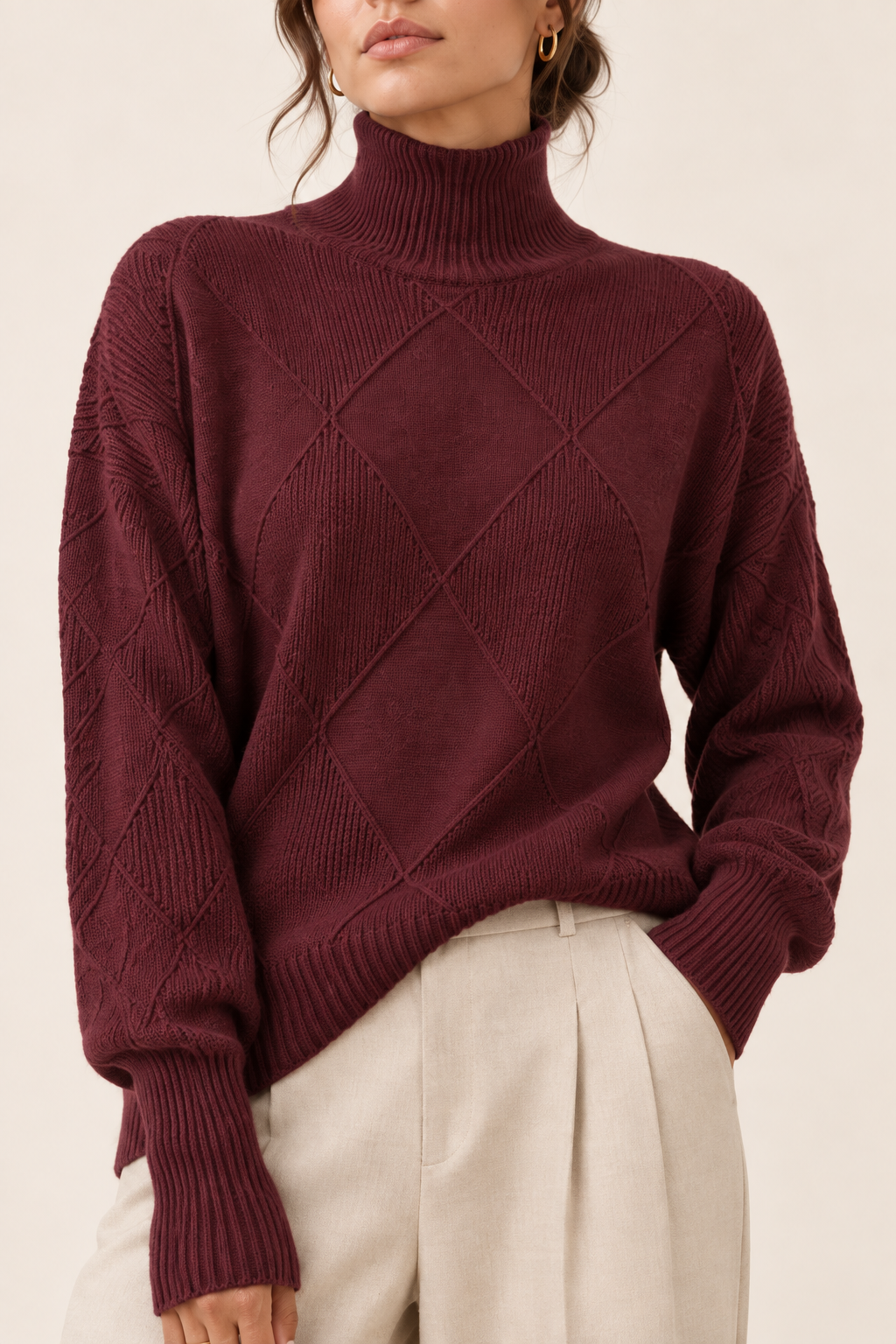 Jersey Alma Rojo ciruela, primer plano de cuello y tejido