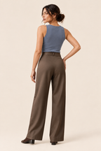 Pantalón ancho de cintura alta marrón Valorenne — vista posterior