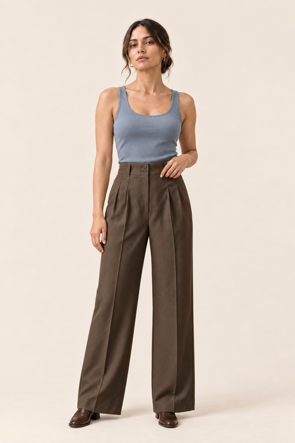 Pantalón ancho de cintura alta marrón Valorenne — vista frontal