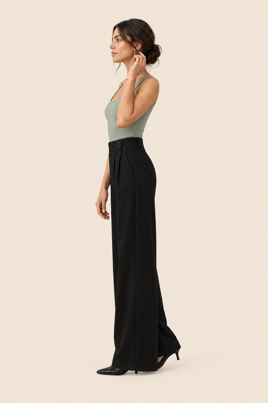 Pantalón ancho de cintura alta negro Valorenne — vista lateral