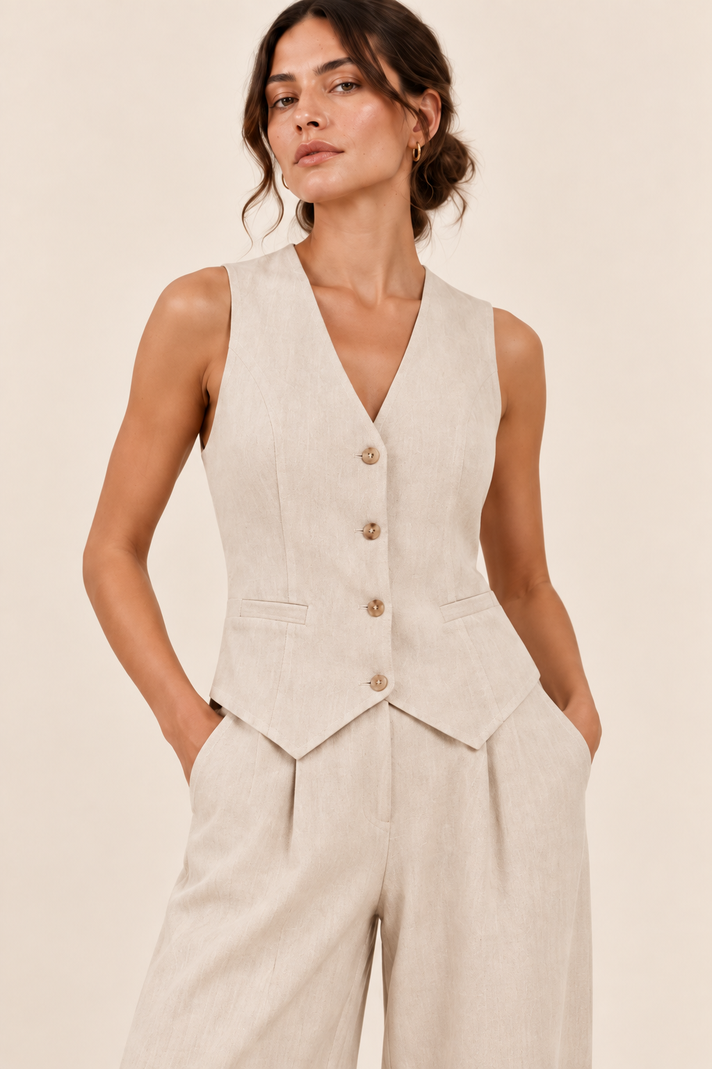 Conjunto de chaleco y pantalón ancho Valorenne, crudo, detalle de confección