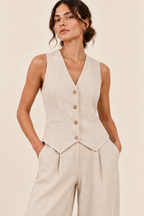 Conjunto de chaleco y pantalón ancho Valorenne, crudo, detalle de confección