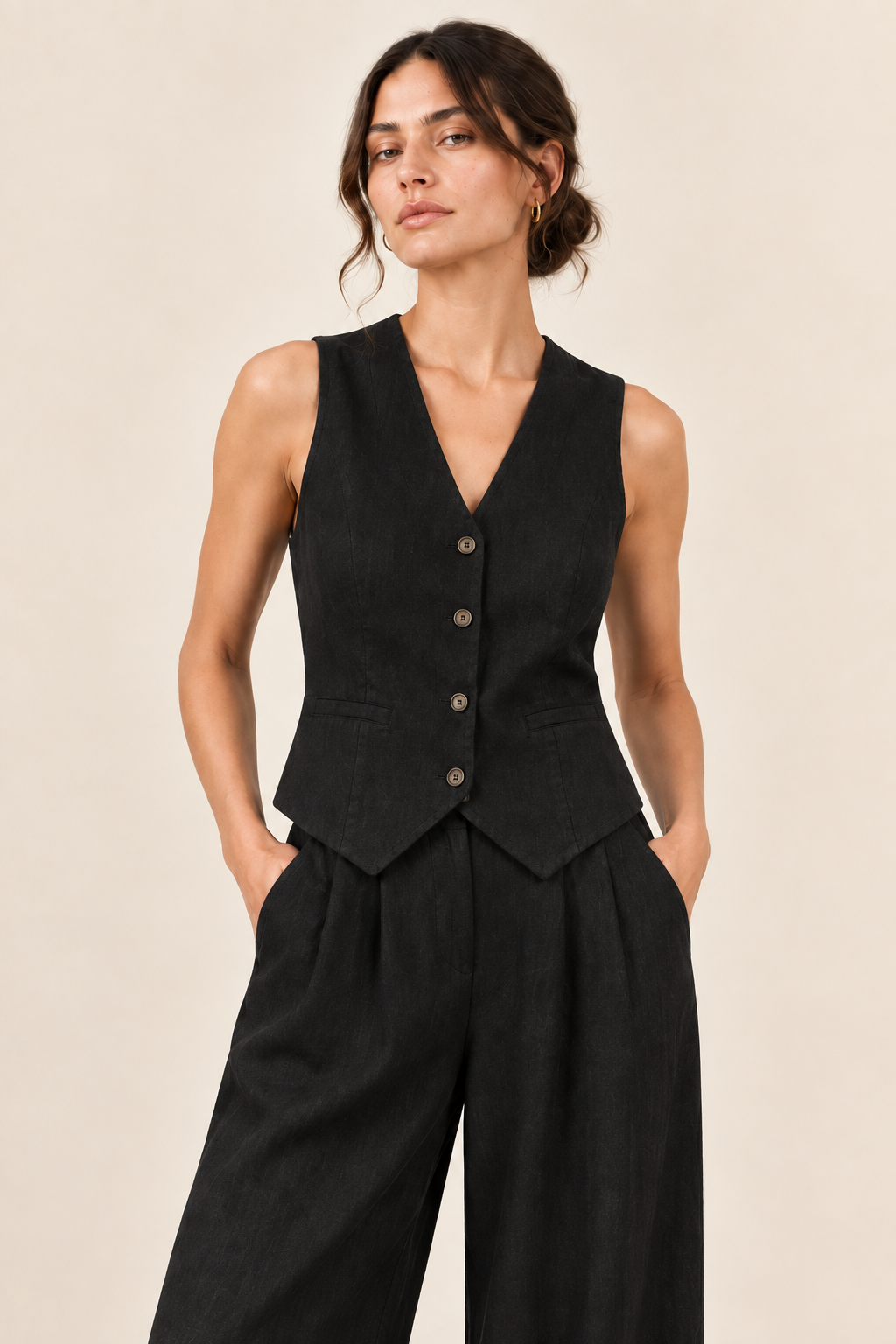 Conjunto de chaleco y pantalón ancho Valorenne, negro, detalle de confección