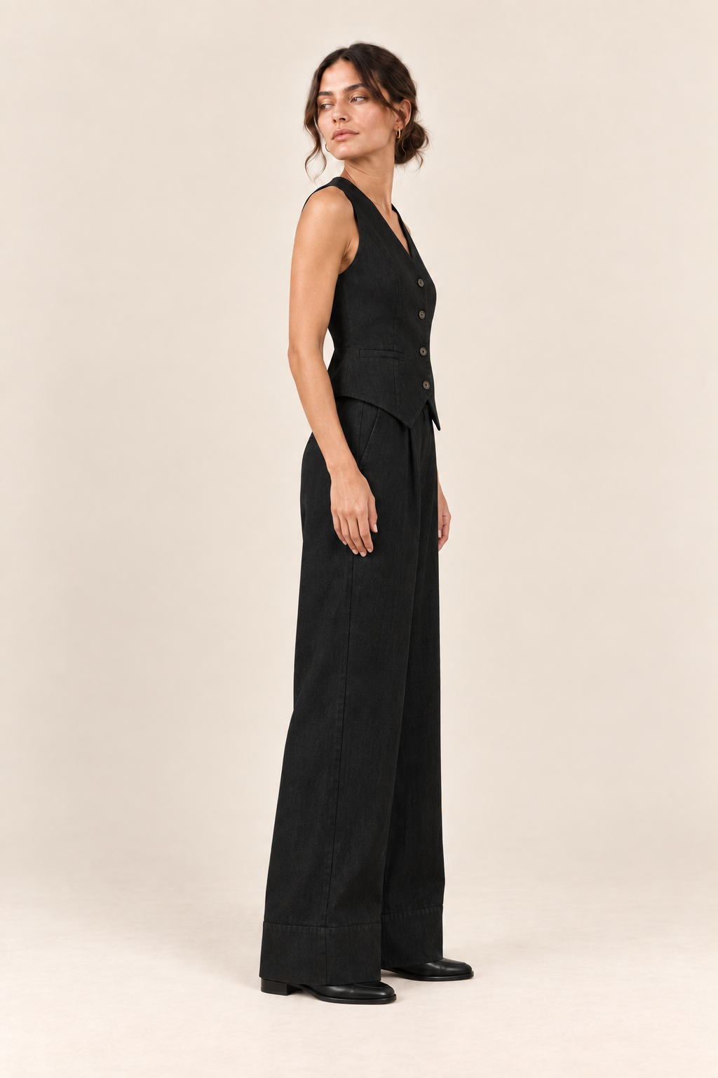 Conjunto de chaleco y pantalón ancho Valorenne, negro, vista lateral