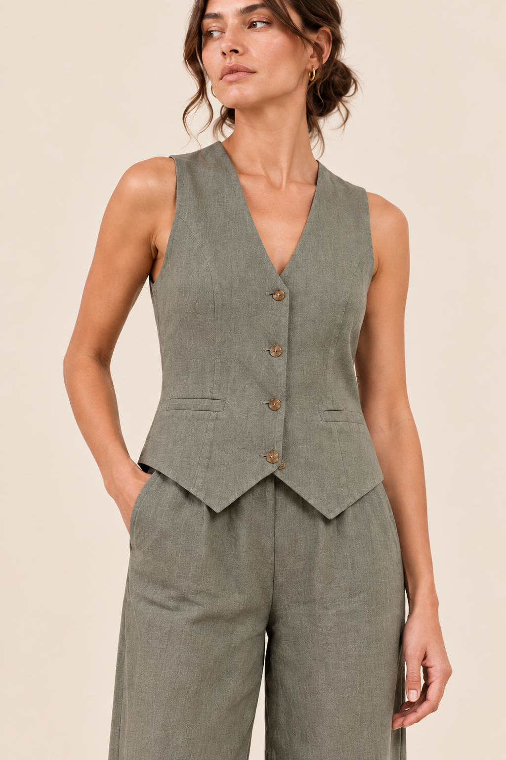 Conjunto de chaleco y pantalón ancho Valorenne, verde oliva, detalle de confección