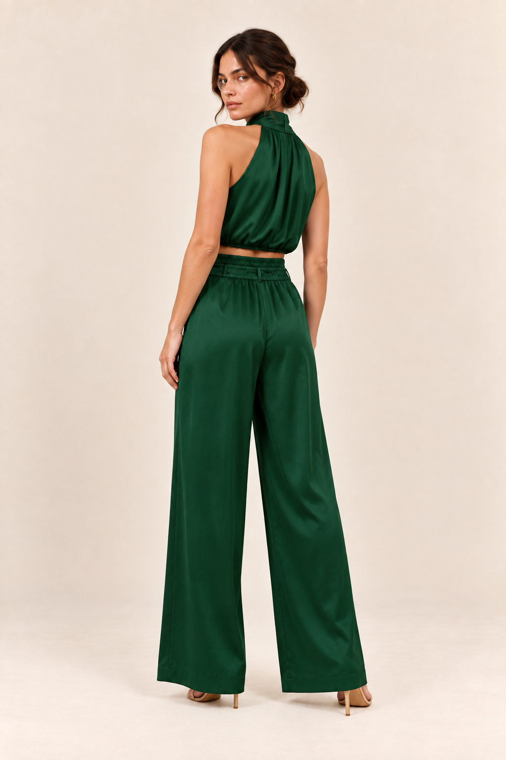 Conjunto de top halter y pantalón ancho Valorenne, verde oscuro, vista posterior