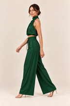Conjunto de top halter y pantalón ancho Valorenne, verde oscuro, vista lateral