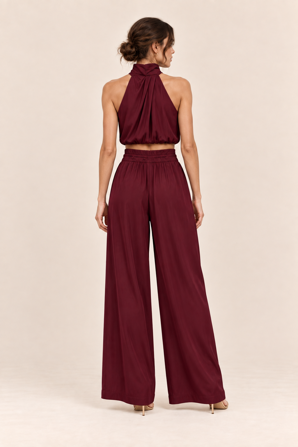 Conjunto de top halter y pantalón ancho Valorenne, burdeos, vista posterior