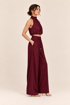 Conjunto de top halter y pantalón ancho Valorenne, burdeos, vista lateral