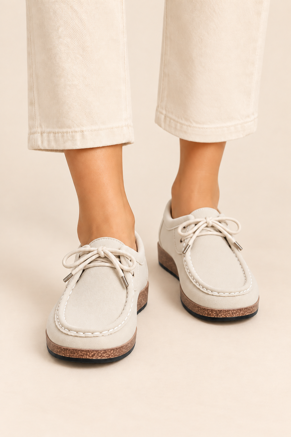 Mocasines de cordones con pespuntes en beige, vista frontal de estudio
