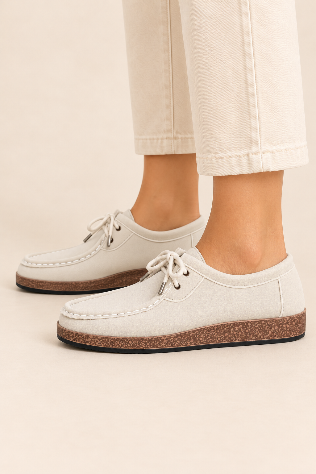 Mocasines de cordones con pespuntes en beige, vista lateral