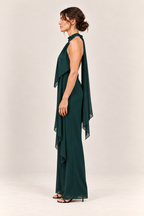 Mono halter con lazada al cuello en verde oscuro, vista lateral