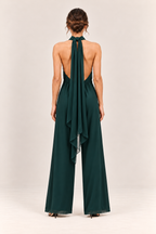 Mono halter con lazada al cuello en verde oscuro, vista trasera