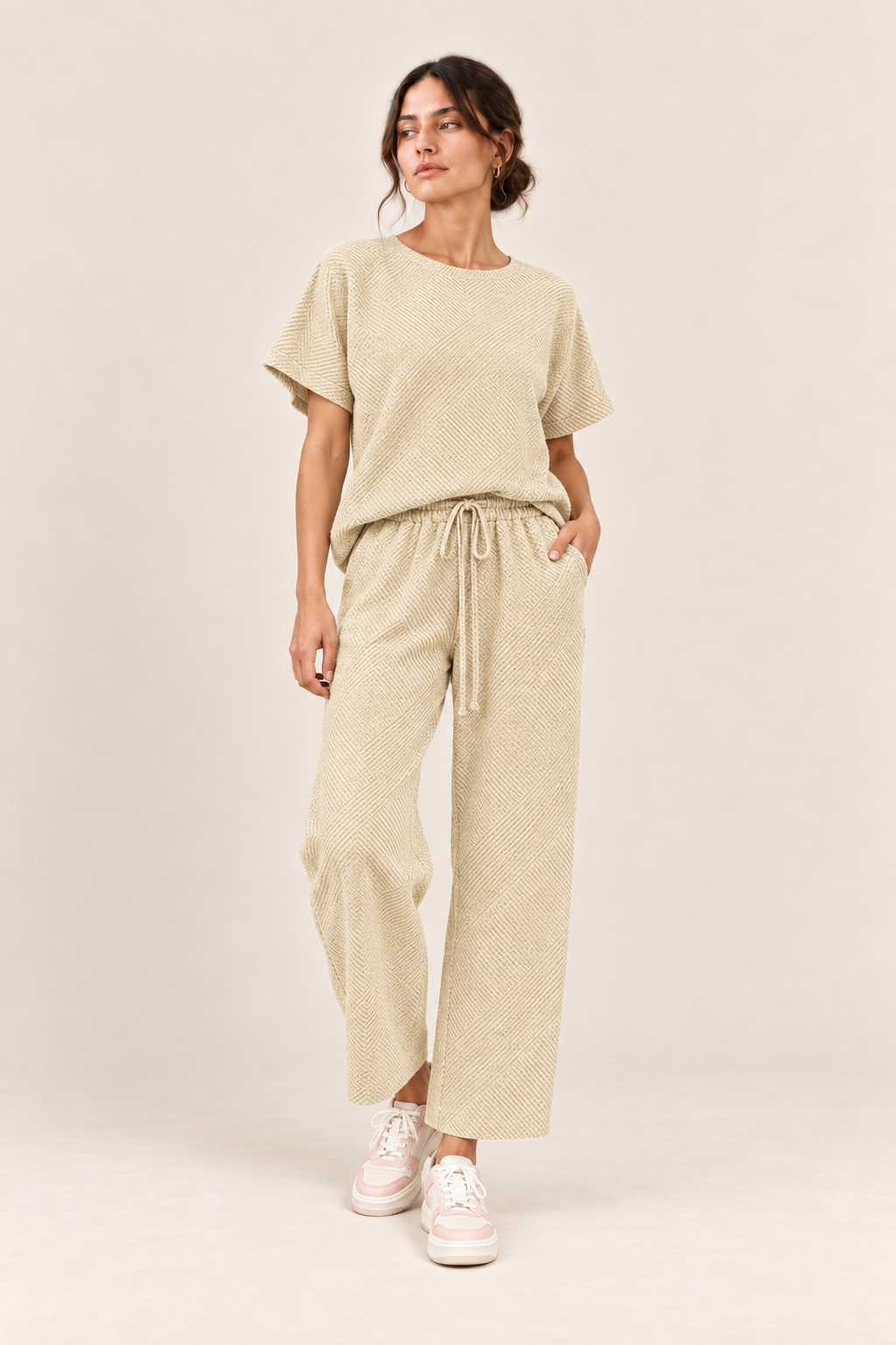 Conjunto texturizado de top y pantalón Valorenne, crudo, vista frontal