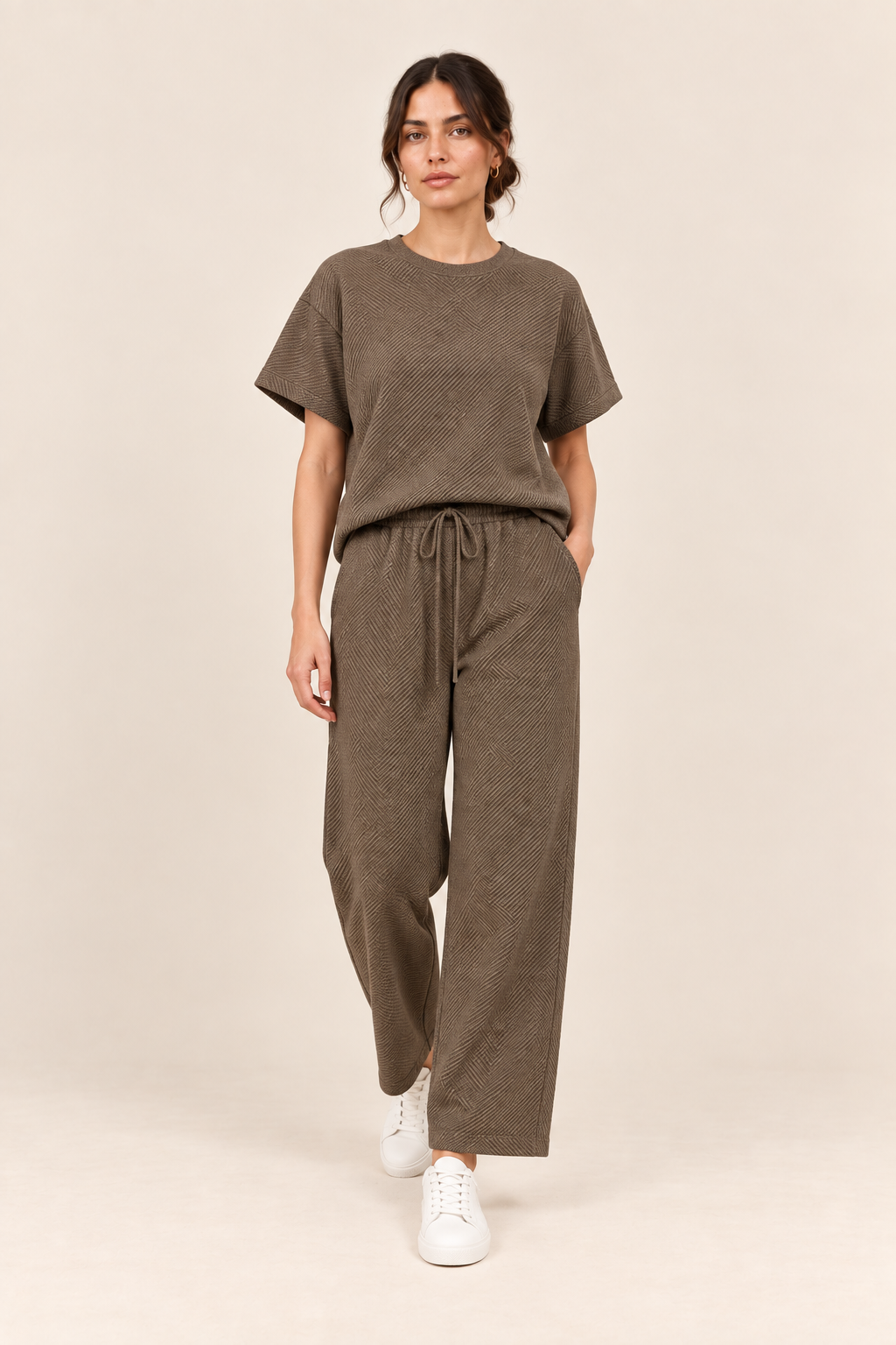 Conjunto texturizado de top y pantalón Valorenne, topo, vista frontal