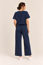 Conjunto texturizado de top y pantalón Valorenne, azul marino, vista posterior