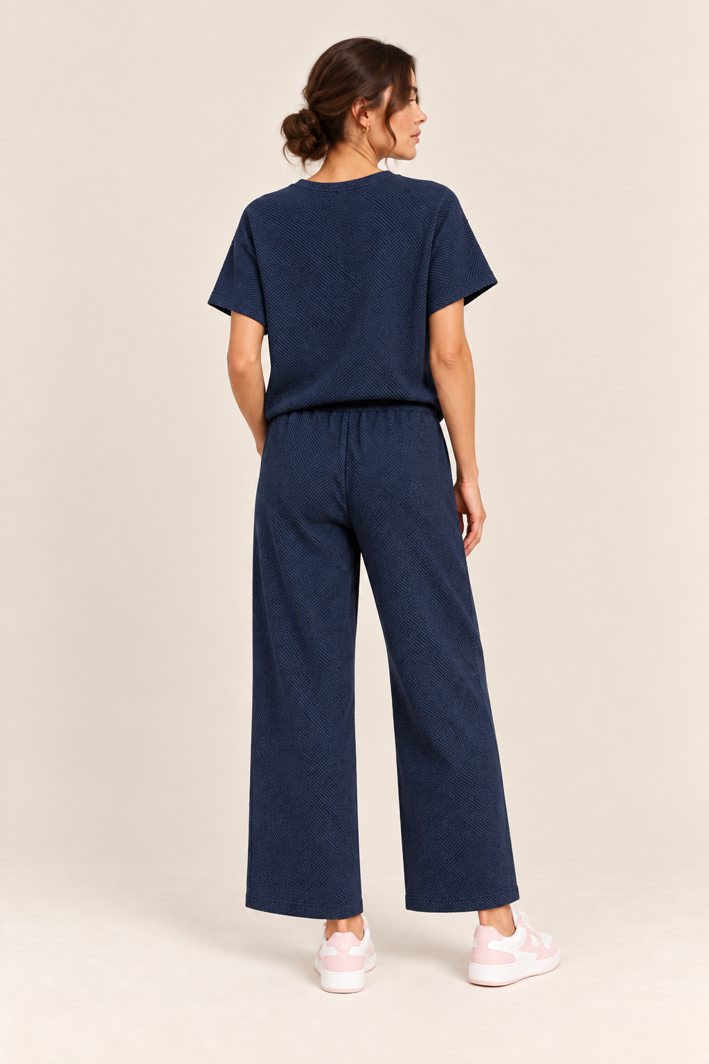 Conjunto texturizado de top y pantalón Valorenne, azul marino, vista posterior