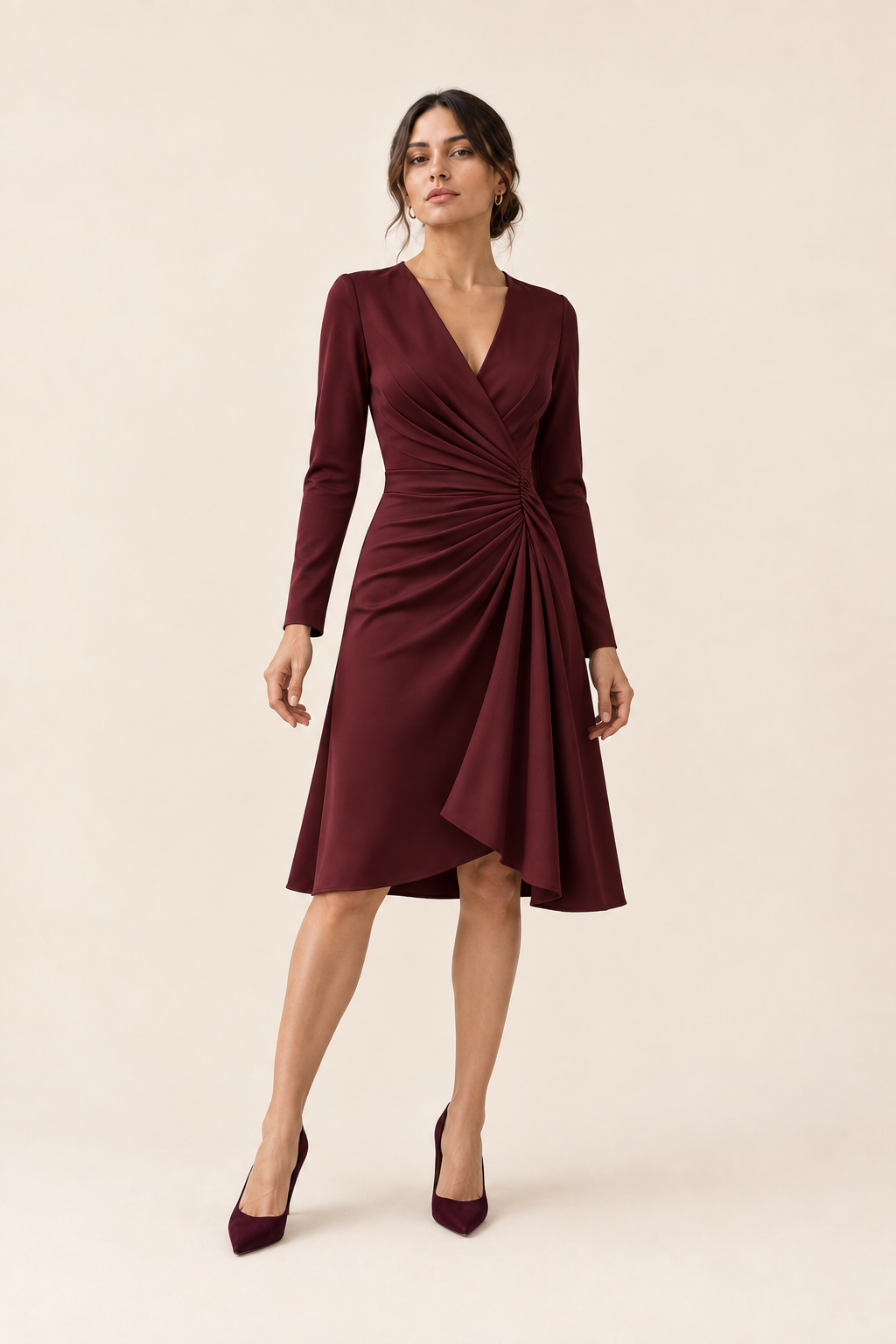 Vestido de cuello en V burdeos, frontal